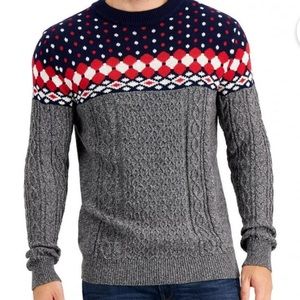 Club Room Men's Fair Isle Sweater in Navy Blue Combo-XXL